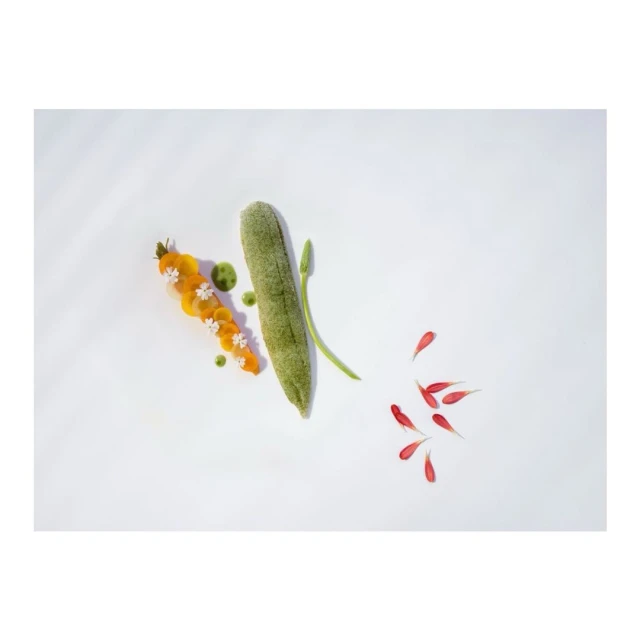 Stylized food presentation featuring a green vegetable stalk, sliced yellow tomatoes, and flower petals arranged on a white surface.