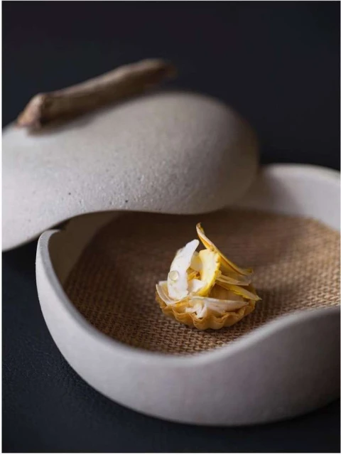 Elevated view of an open beige ceramic bowl holding a petite tart shell filled with layered white and yellow ingredients.