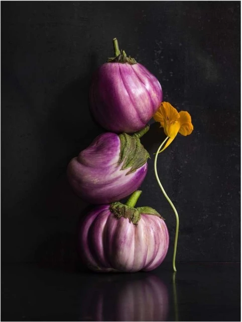 Still life photo of stacked purple eggplants and a vibrant orange nasturtium flower against a dark, textured background. Food photography.