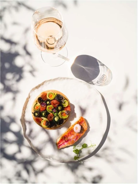 Overhead shot of a tart with sliced vegetables, a piece of fish, and a glass of rosé wine, illuminated by dappled sunlight.