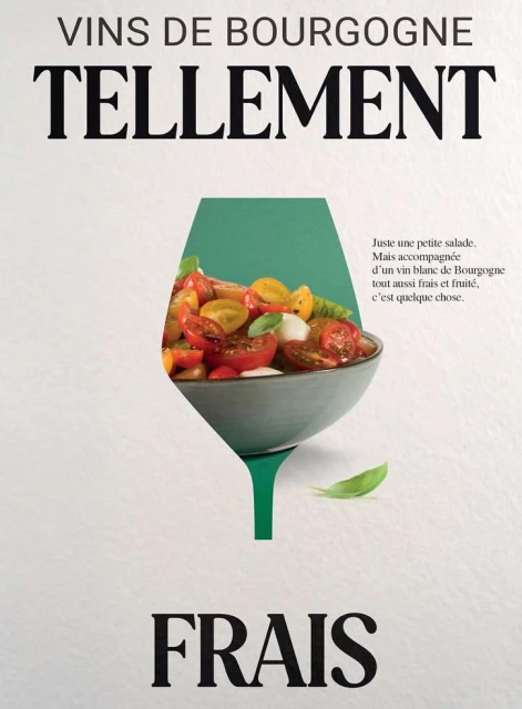 Wine advertisement featuring a salad bowl within a green wine-glass-shaped cutout on a white background, with the words Vins de Bourgogne.