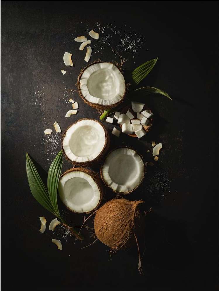 Halved coconuts and coconut pieces arranged artfully on a dark textured surface, illuminated by soft, directional light.