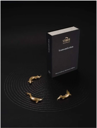 Elegant product shot featuring three small, golden fish figurines arranged on a black surface with concentric circle pattern next to a black box.
