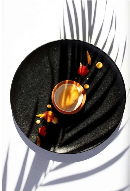 Overhead shot of a black plate with a smaller bowl of orange liquid, decorated with red and yellow garnishes and palm frond shadows.