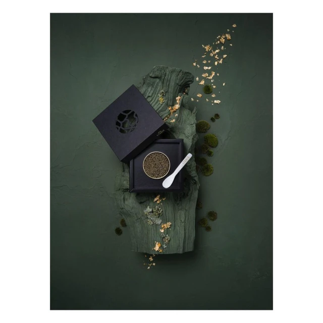 Overhead shot of black caviar in a black box with a spoon on a green surface with moss and gold flakes, luxurious food photography.