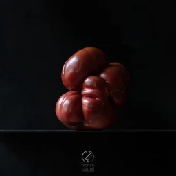 Close-up still life photograph of an irregular dark red heirloom tomato against a deep black background by Franck Hamel