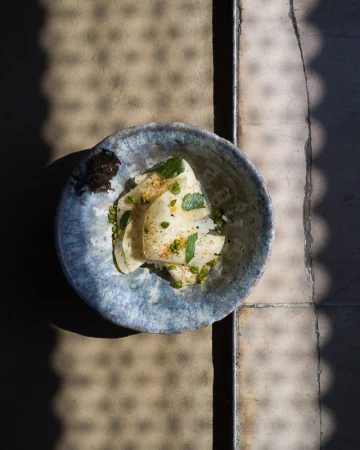 Overhead view of sliced white fish garnished with herbs in a mottled ceramic bowl on a textured stone surface with shadow patterns.