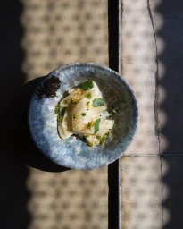 Overhead view of sliced white fish garnished with herbs in a mottled ceramic bowl on a textured stone surface with shadow patterns.