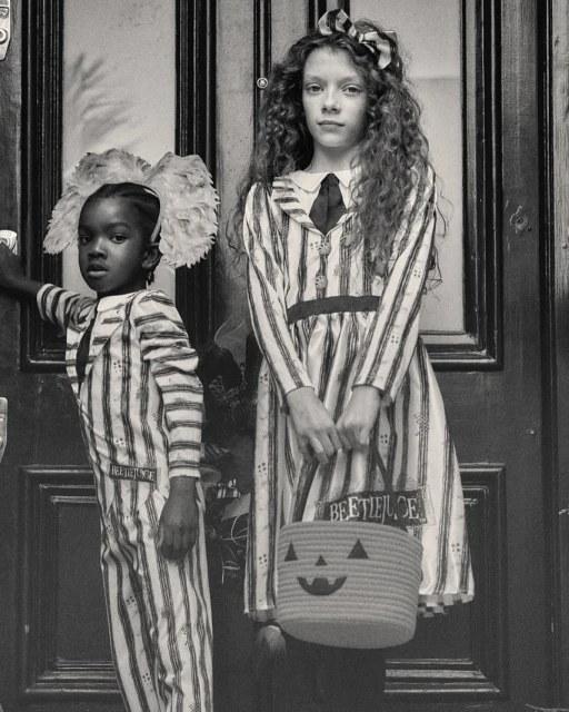 Two children in striped costumes stand in front of a door, one holding a jack-o'-lantern bucket in a grayscale photograph.