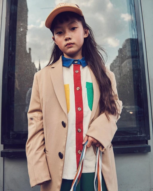 Stylish Asian child with a tan cap and multicolored shirt wearing a tan jacket in an urban setting, fashionably posing and looking at camera.