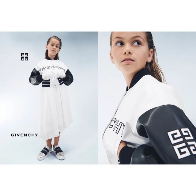 Young girl models a white Givenchy dress and bomber jacket in a bright, high-key fashion layout on a soft blue background, brand name visible.