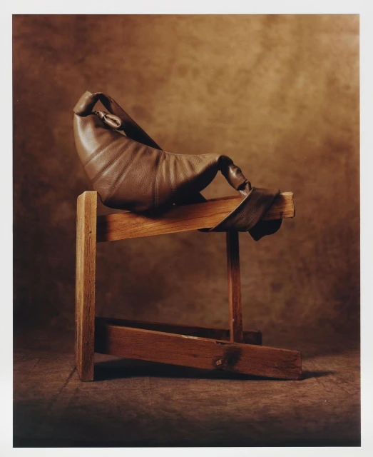 Leather form draped over wooden structure in a photo studio setting with a brown backdrop and muted lighting. Minimalist and textural.