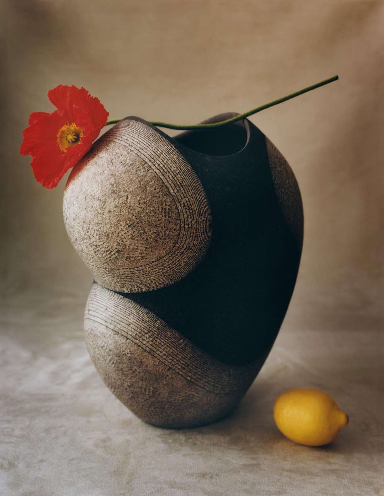 Still life featuring a textured vase with a red poppy, complemented by a single lemon on a neutral surface, creating a simple composition.