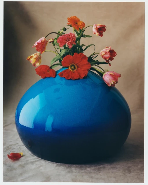 Still life photography of a blue ceramic vase holding a vibrant arrangement of colorful poppies, tulips, and other flowers against neutral backdrop.