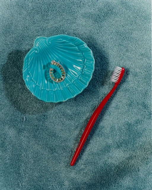 Overhead still life of a blue seashell-shaped dish with a hoop earring inside and a red toothbrush on a teal textured background.