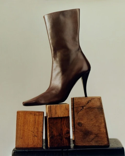 Elevated view of a brown leather heeled boot on wooden blocks against a neutral background, creating a fashion still life.