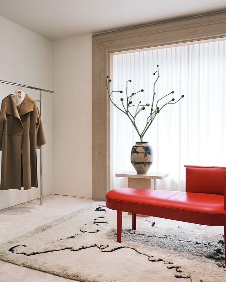 Stylish interior design featuring a tan coat on a rack, a decorative plant, a red chaise lounge, and an patterned area rug.