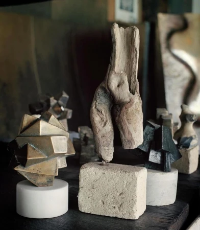 Art studio scene featuring a collection of geometric and organic sculptures displayed on blocks and tables, lit with ambient light.