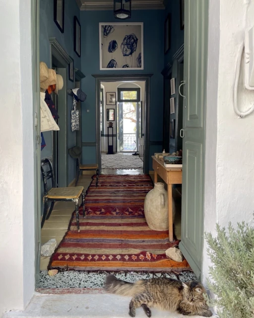 Interior view through an open doorway, featuring a cat lounging near a rug, with antique decor and blue walls in a hallway.
