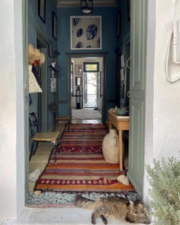 Interior view through an open doorway, featuring a cat lounging near a rug, with antique decor and blue walls in a hallway.