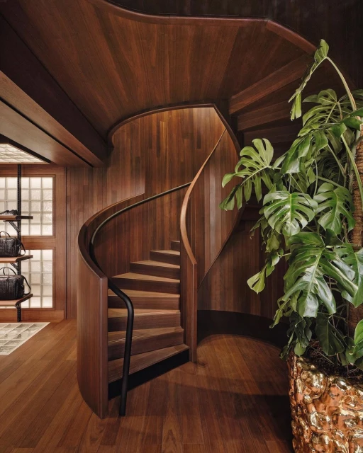 Interior view of a curved wooden staircase surrounded by matching wood paneling and a large potted monstera plant adding a touch of green.