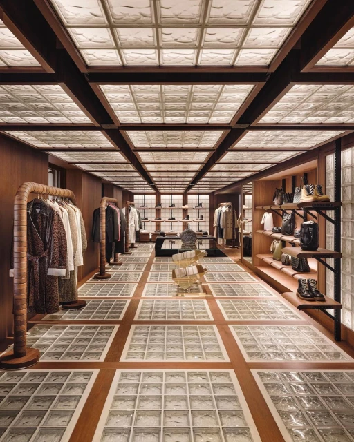Upscale clothing boutique interior with wood paneling, glass-block floor and ceiling, showcasing garments, handbags, and shoe displays.
