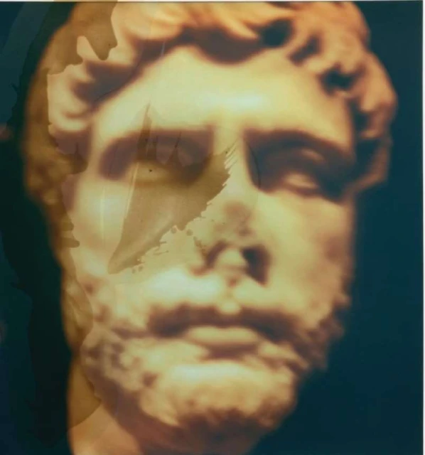 Faded artistic portrait of a classical sculpture bust, showcasing warm tones against a dark background with textured overlays.