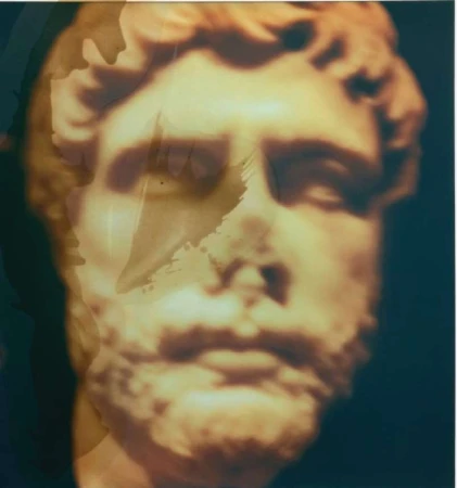 Faded artistic portrait of a classical sculpture bust, showcasing warm tones against a dark background with textured overlays.