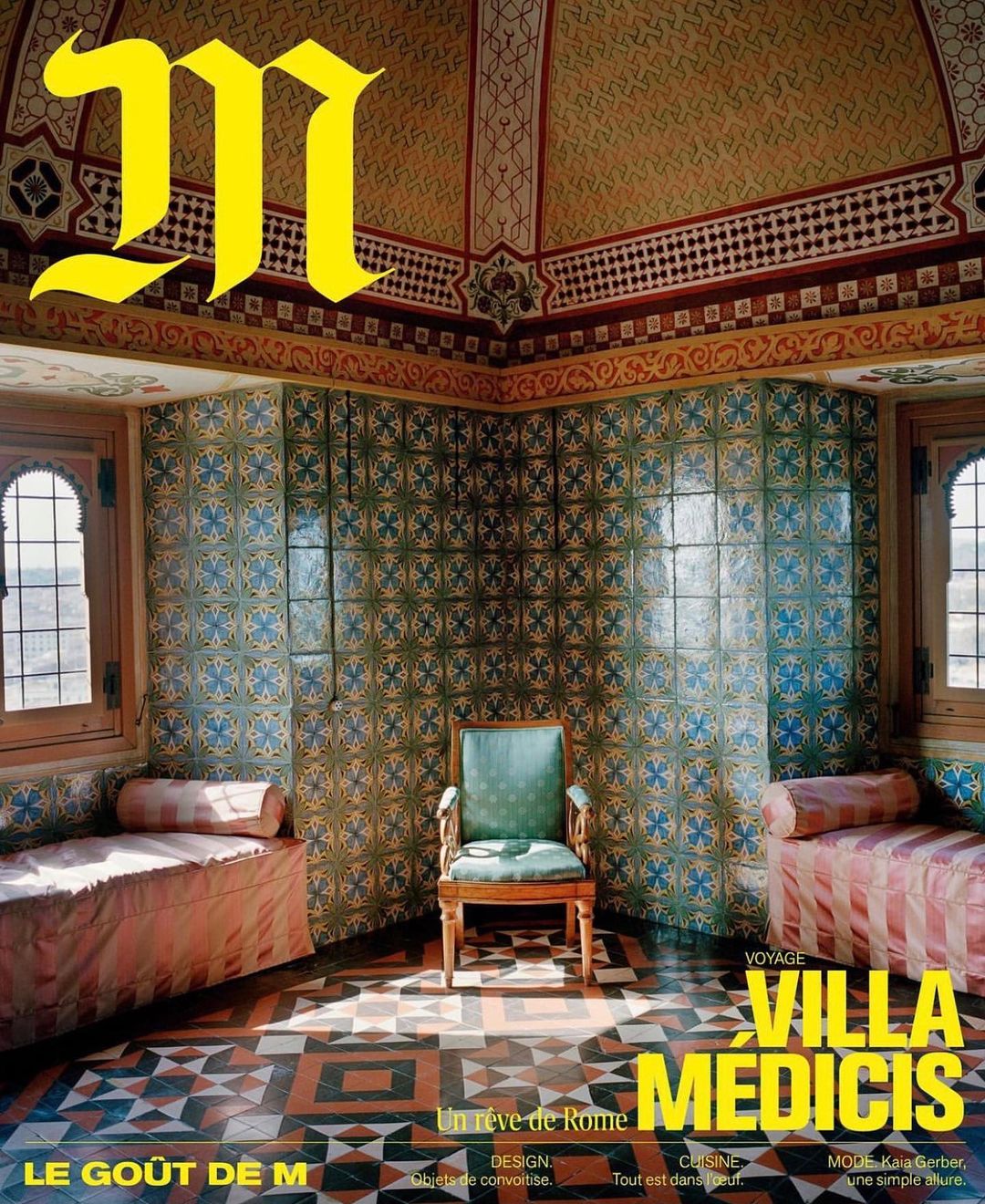 Magazine cover featuring a well-appointed room with ornate tilework, patterned floors, window seats, and a single chair, bathed in natural light.