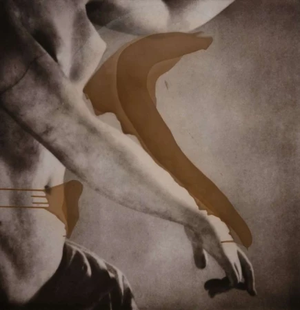 Monochrome artistic portrait with painted abstract brown brushstrokes overlaying a human torso and arm.