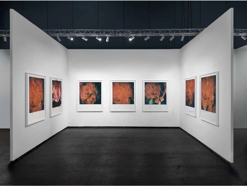 Interior view of an art gallery with framed photographs hanging on white walls, featuring black flooring and track lighting.
