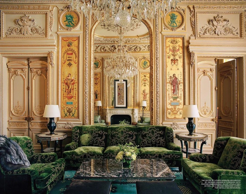 Ornate living room interior with green velvet sofas, crystal chandeliers, and elaborate neoclassical wall panels photographed by Francois Halard.