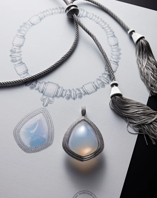 Opalescent pendant on a cable necklace with sketched jewelry design, silver hardware, and tassels on a white paper surface.