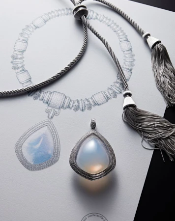 Opalescent pendant on a cable necklace with sketched jewelry design, silver hardware, and tassels on a white paper surface.