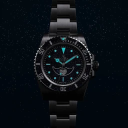 Black luxury watch with luminous turquoise hour markers and hands against a dark starry background