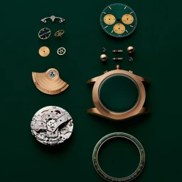 An exploded view of a luxury watch with disassembled gold and green components arranged neatly on a dark green background.