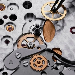 Macro shot of a mechanical watch movement with gold gears and ruby bearings on a perlage-finished baseplate, photographed by François Jorez