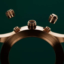 Macro view of a gold watch case with floating metallic crowns against a dark green backdrop