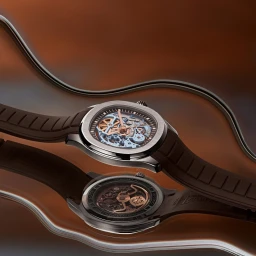 Close-up product photography of a luxury skeleton watch with a brown strap on a reflective brown metallic surface.