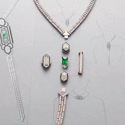 Exquisite high jewelry necklace and matching diamond and emerald pieces arranged on designer sketches