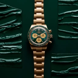 Gold luxury wristwatch with dark green dial centered against a dark green textured background with glossy paint streaks.