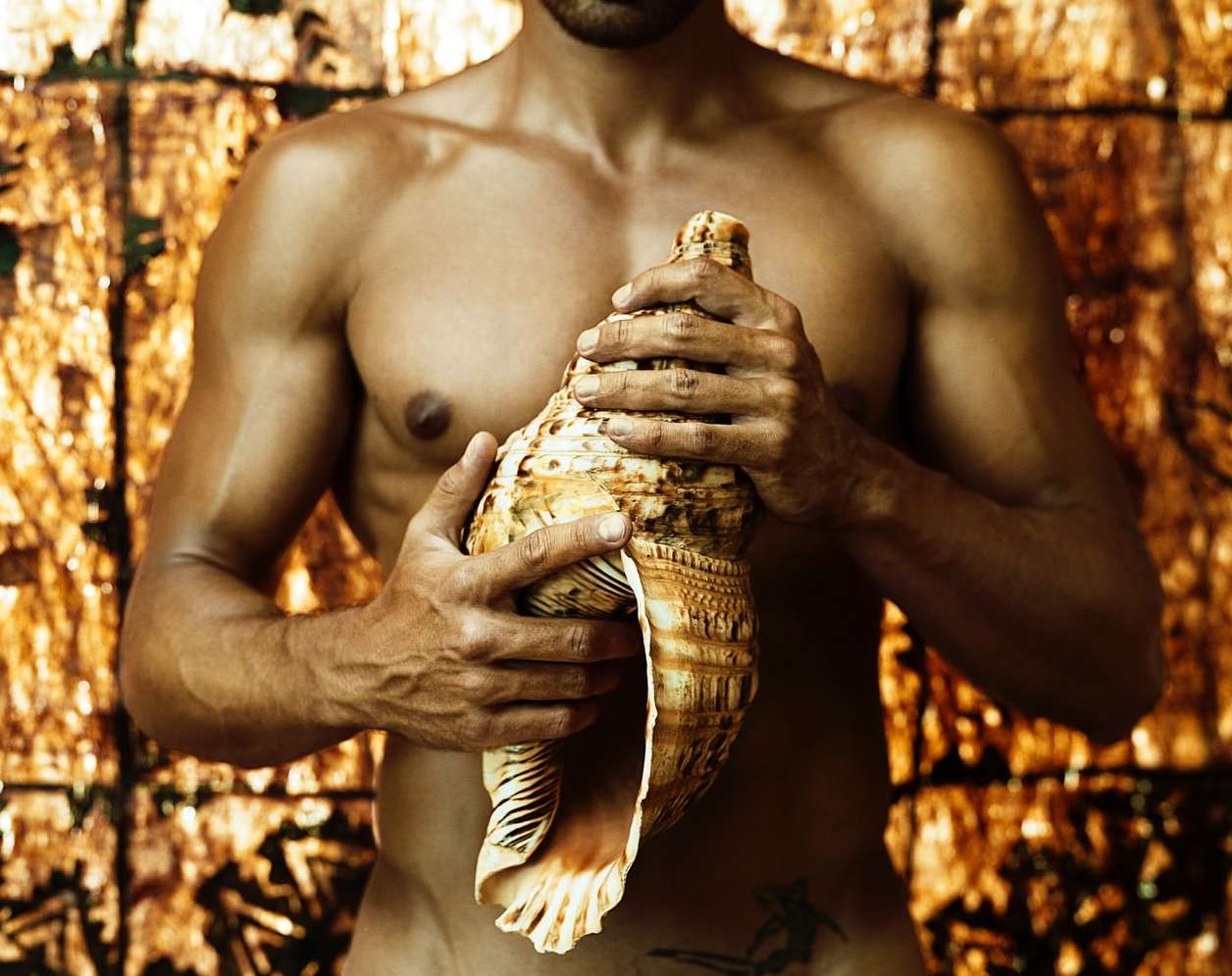 Topless adult male with tattoo, medium shot, holding giant seashell in studio with gold abstract background. Beauty, fashion, body art.