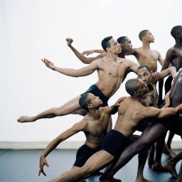 A group of male dancers posing in athletic stances against a white background, captured by photographer François Rousseau.