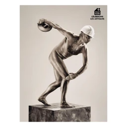 A man in a white hard hat holding a disc on a pedestal in a photographic campaign by François Rousseau.
