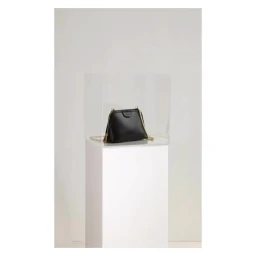 Black leather handbag with gold chain strap on a white pedestal inside a clear acrylic box, photographed by Frank Hülsbömer.