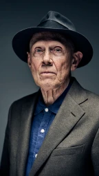 Elderly man wearing a fedora hat and grey blazer over a blue buttoned shirt against a grey background