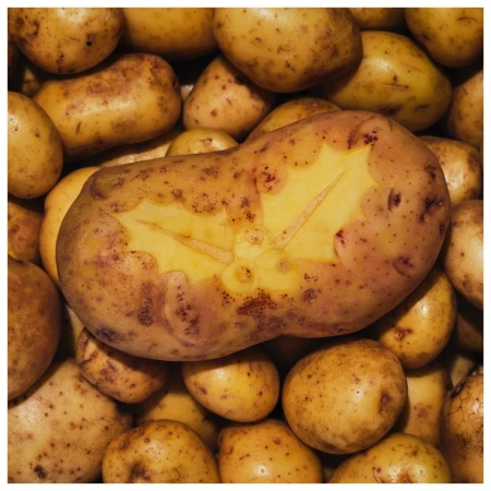 A close-up of russet potatoes, one potato is engraved with a holly design. This image could be used for a food and holiday theme.