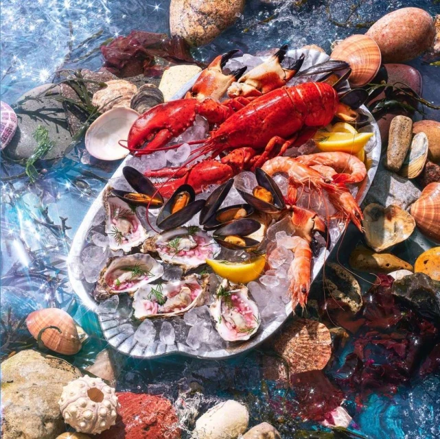 Overhead shot of a seafood platter with lobster, oysters, shrimp, and mussels, arranged on ice with lemon wedges, surrounded by rocks and water.