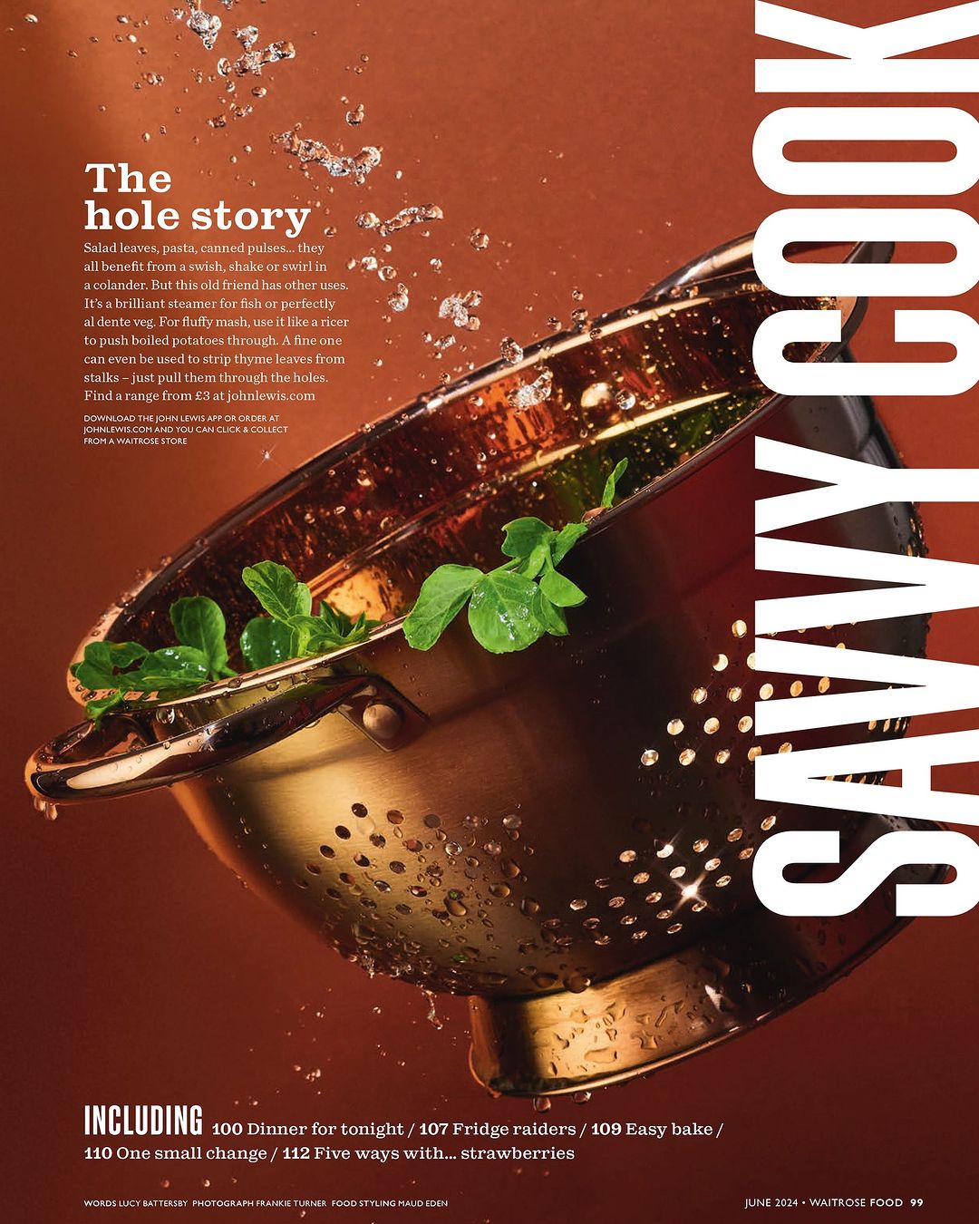 Savory Cook magazine cover featuring a copper colander filled with green leaves, water droplets, and a warm, inviting color scheme.