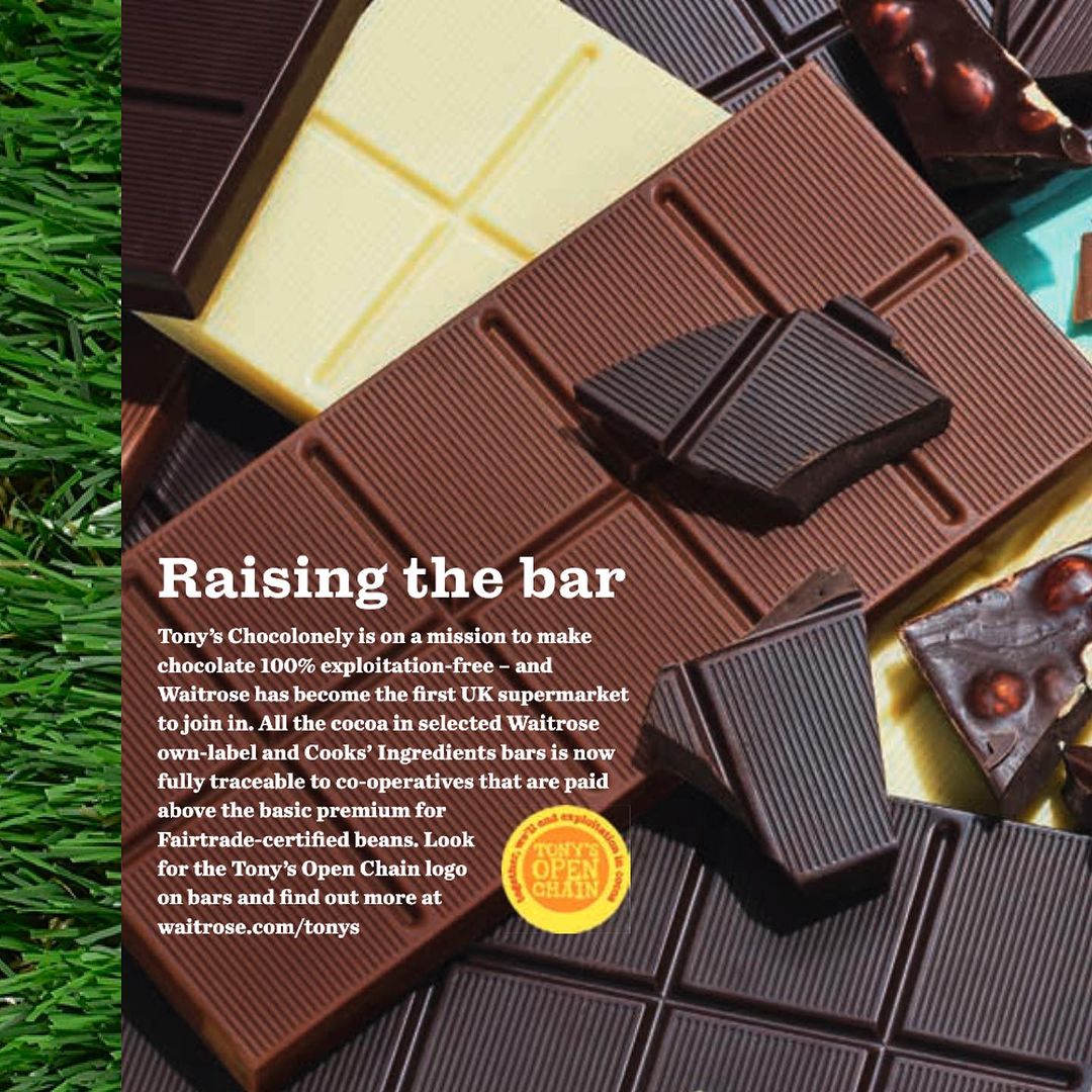 Assorted chocolate bars in dark, milk, and white chocolate varieties with Fair Trade logos, displayed on a green field background.